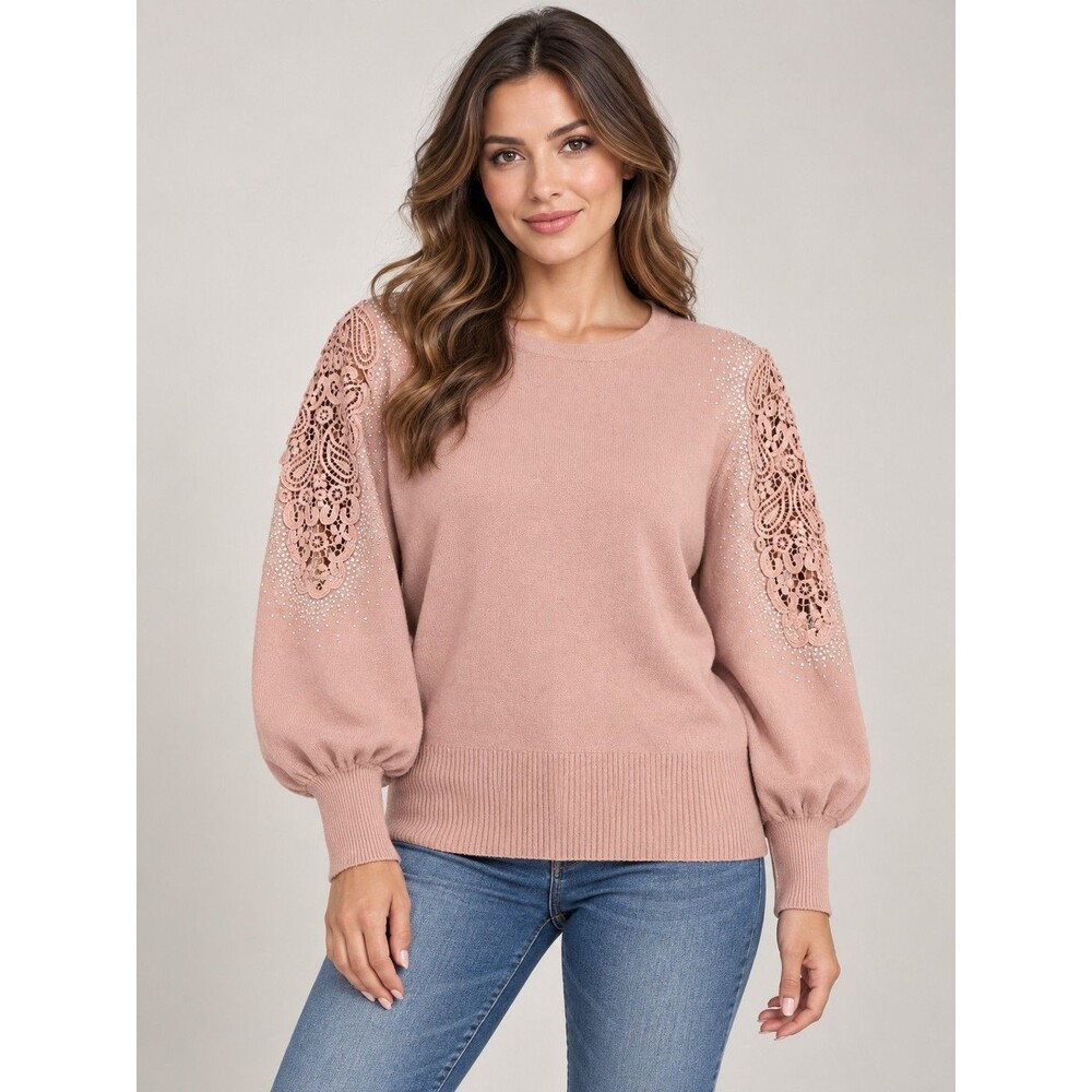 LIV Milano Women’s Blush Pink Lace Sleeve Rhinestone Embellished Sweater Size L